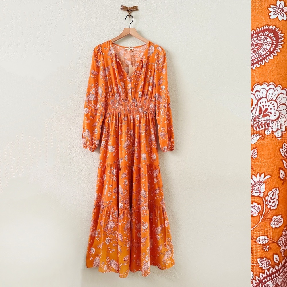 NWT•Easel•Boho Orange Maxi with Long Sleeves